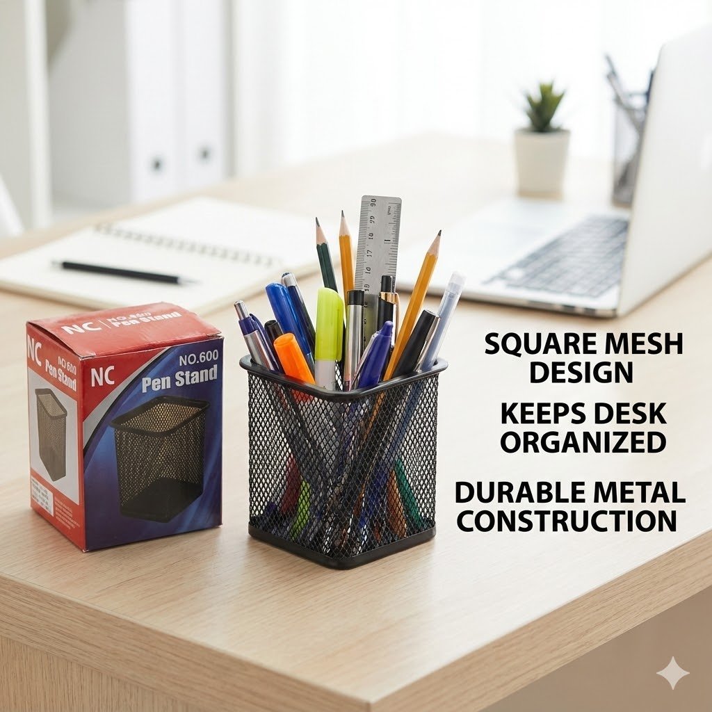 Metal Mesh Pen Stand Holder (No. 600) - Square Desk Organizer for Office & Students - Rust Proof Black Stationery Container