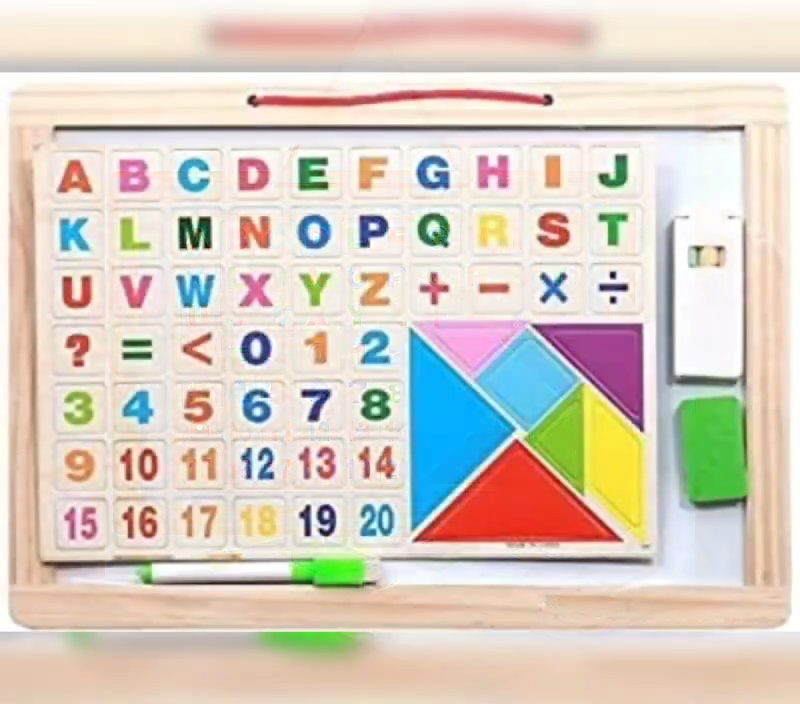Premium 2-in-1 Wooden Magnetic Writing Board for Kids (33x23cm) - Double Sided Whiteboard & Blackboard Slate with Tangram Puzzles best choiceAlpha-Numero Dual Educational Board Set | 130+ Pcs Reversible Magnetic Black & White Board with Tangram Puzzles &