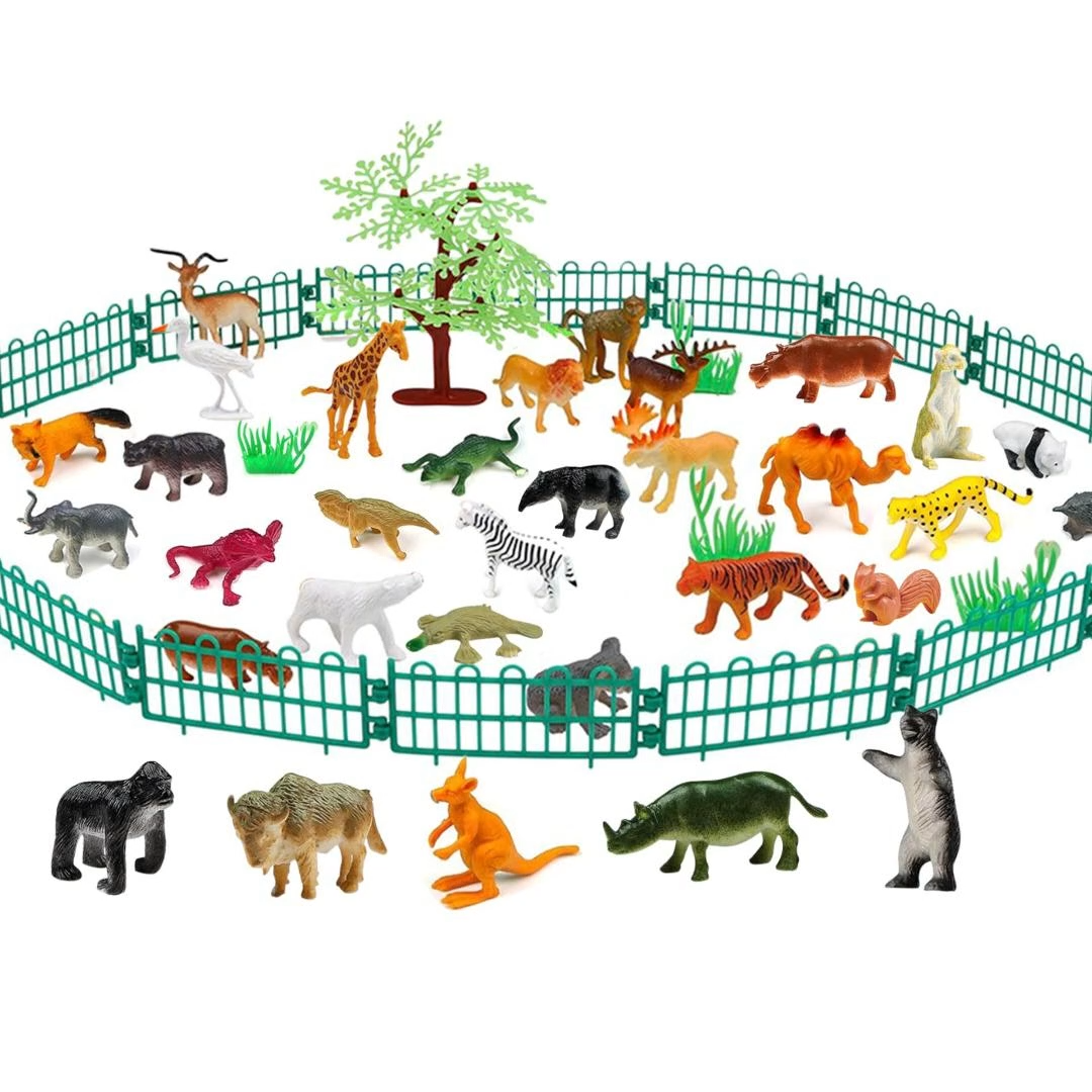 32+ Pcs Mini Rubber Animal Toy Set for Kids - Jungle & Zoo Wild Animals Figure Playset.Jungle Kingdom 32-Pcs Wild Animal Figure Playset | Realistic Zoo Animals with Trees, Fences & Educational Toys for Kids