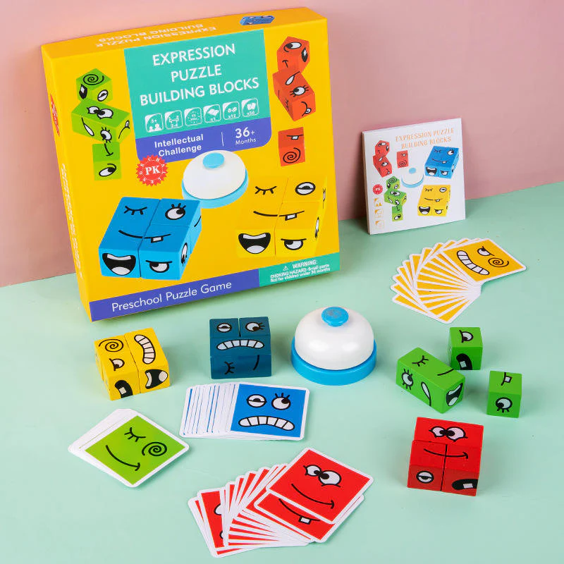 Wooden Expression Puzzle Building Blocks Face Changing Game  Kids Face Matching Puzzle Toy with Challenge Cards and Bell  Montessori Educational Wooden Expression Puzzle for Toddlers