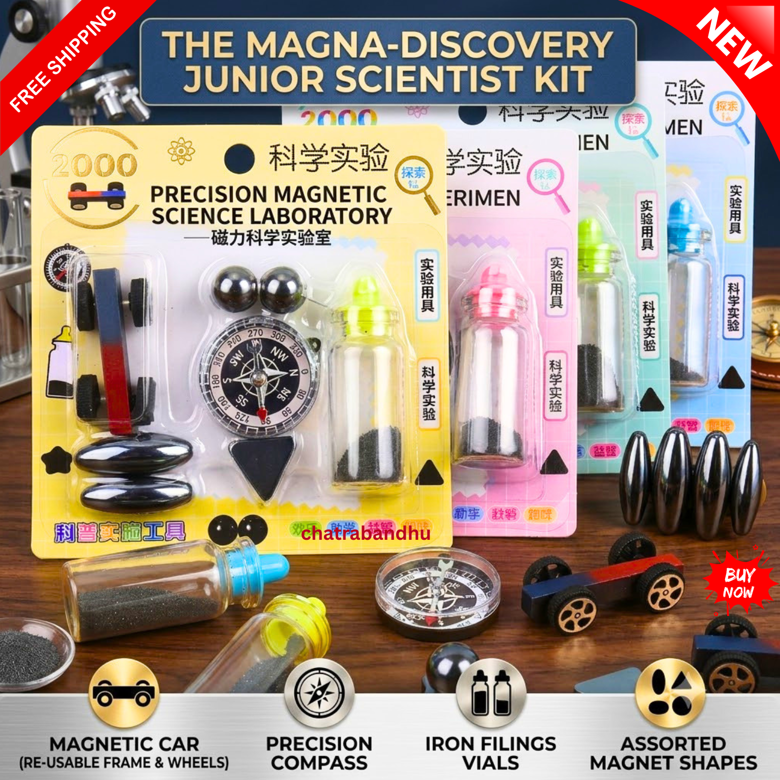Scientific Experiment Magnet Toy Set for Kids | Educational Physics Magnetism Kit with Compass, Cars & Iron Filings for STEM Learning