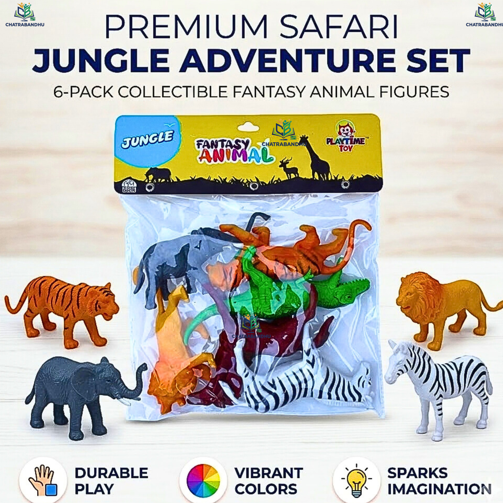 Playtime Fantasy Animal Jungle Set 6 Pcs Realistic Figures  Kids Non Toxic Hard Plastic Wild Animal Toys Set Ages 3+  Chatrabandhu Playtime Tiger Lion Rhino Zebra Figure Set