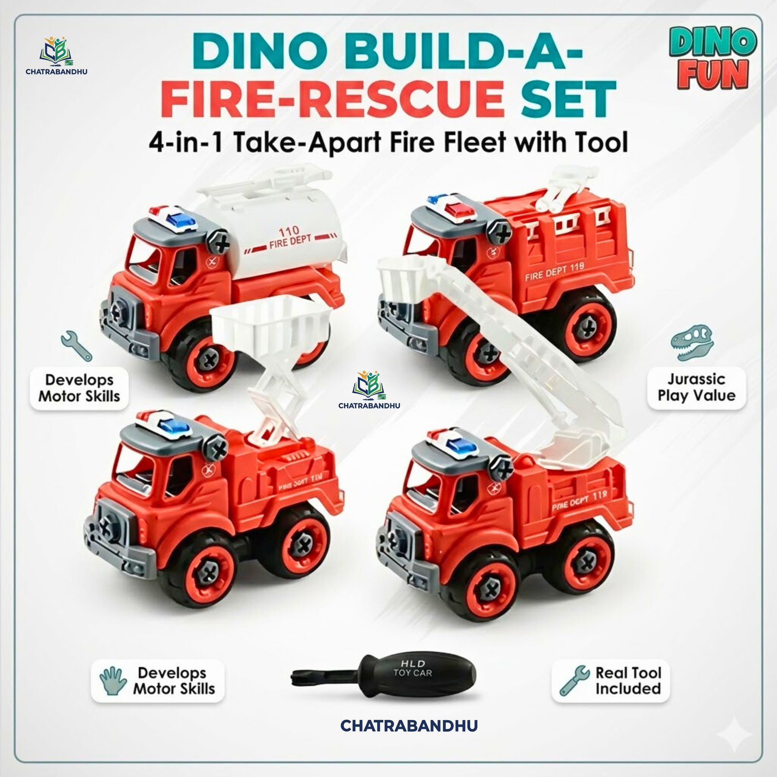DIY Fire Rescue Assembly Toy Set 4-in-1 STEM Toy  Take Apart Fire Truck Toys with Screwdriver for Kids  Educational Friction Powered Fire Engine Toy Set Ages 3+