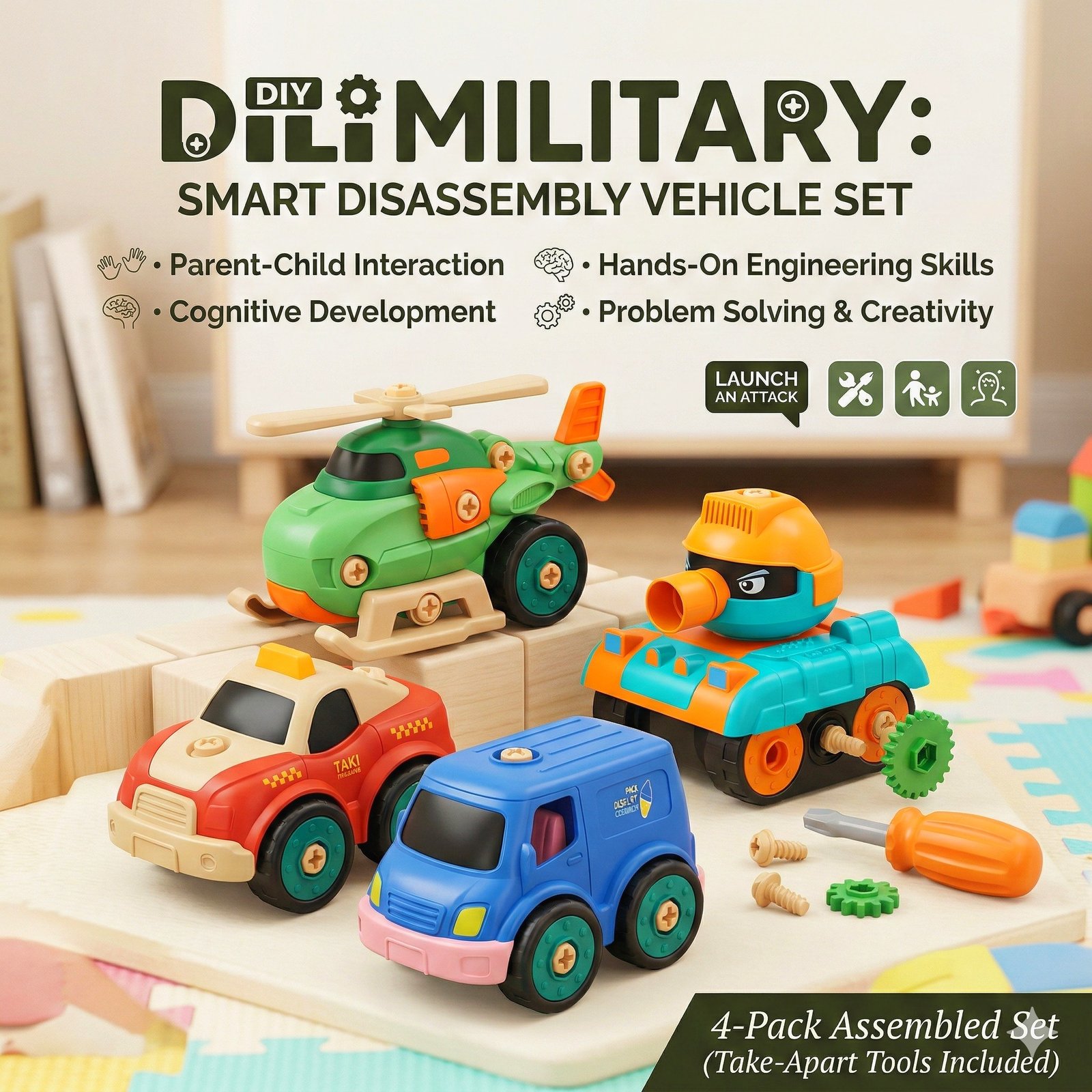 DIY Military Smart Disassembly Toy Set 4 Pcs for Kids  Take Apart Helicopter Tank Security Van Toy with Screwdriver  Educational Manual Disassembly Military Vehicles Set for Boys