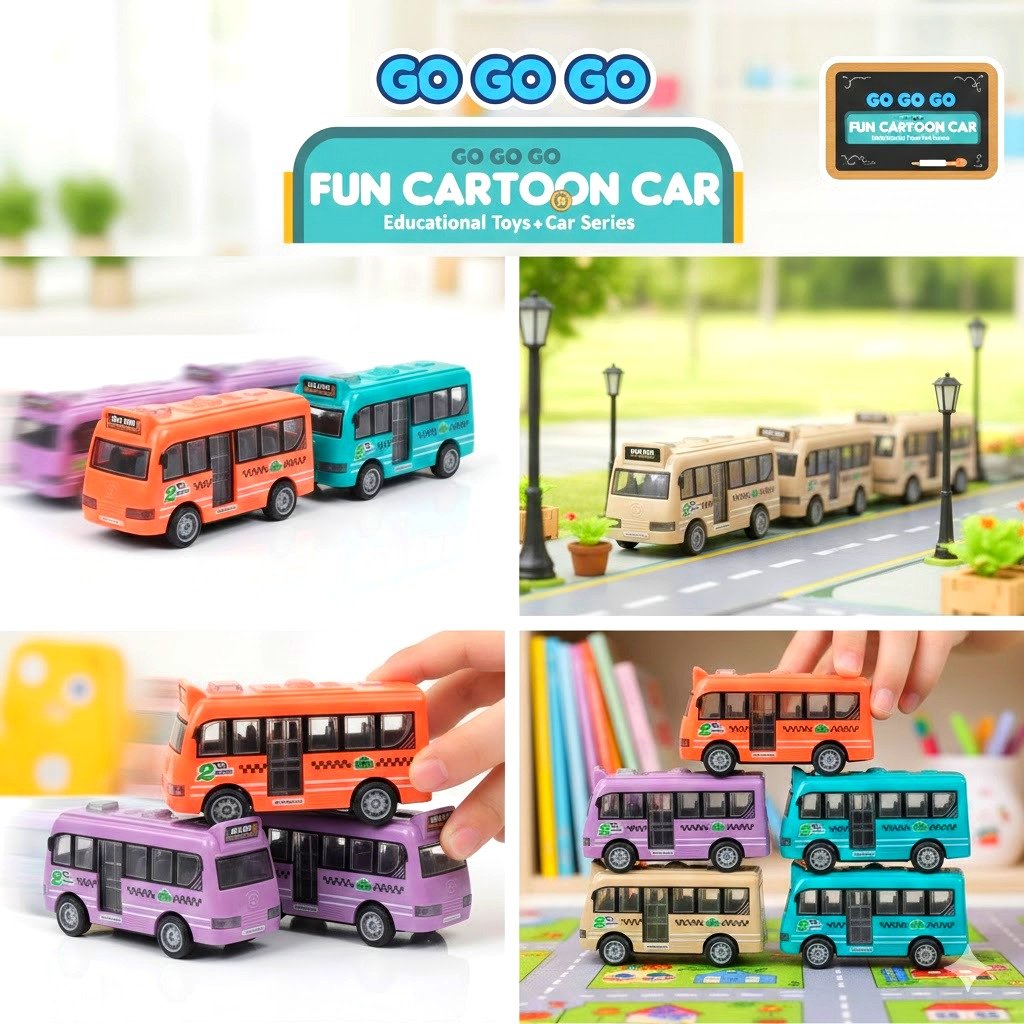 Fun Cartoon Car Educational Toys Series 4 Pcs Mini Bus Set for Kids  Push and Go Friction Powered Sliding Door Bus Toy Set (Ages 2-6)  4 Pcs Mini Bus Toy Set Fall Resistant Inertia Vehicles for Toddlers  Cute Hyde Park Design Cartoon Bus Set Non-Toxic Toy