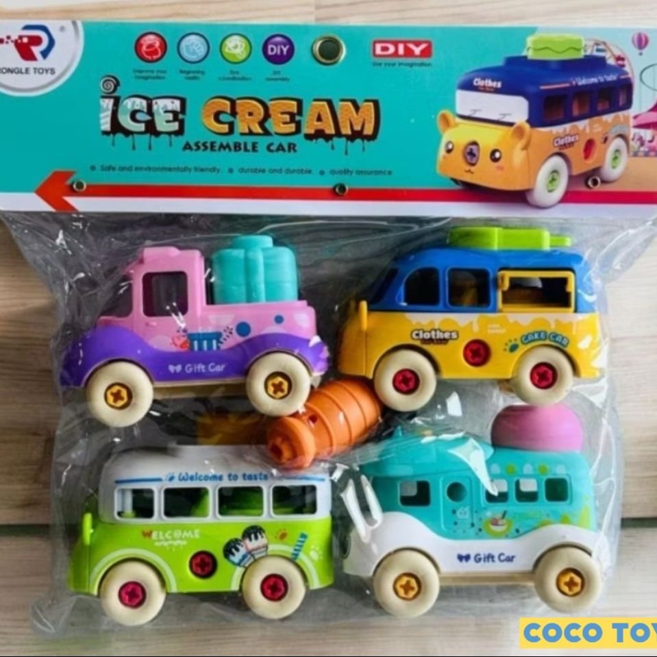 4 Pcs DIY Ice Cream Assemble Car Set - Take Apart Toy Vehicles with Screwdriver for Kids  DIY Food Car Set Toy (4 Pcs) : Kids Build & Play Ice Cream Truck - Educational STEM Car Toy Set