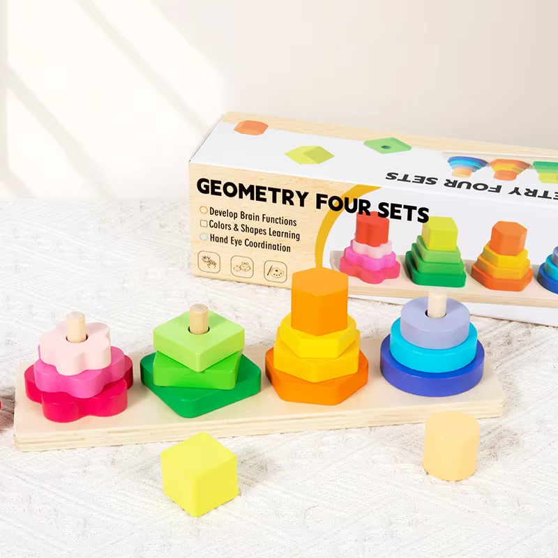 Colorful Wooden 4 Column Shape Sorter Tower - 16 Pcs Geometric Stacking & Counting Montessori Educational Sorting Game Toy for Kids