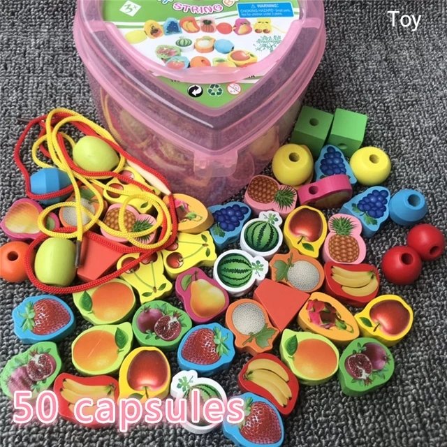 50 Pcs Wooden Lacing Beads Toy for Toddlers - Animal, Fruit, & Number Block Stringing Game - Montessori Fine Motor Skill Toy