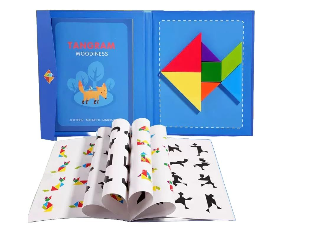 Magnetic Wooden Tangram Puzzle Book - Educational Brain Teaser Toy for Kids & Adults - Travel Friendly Logic Game