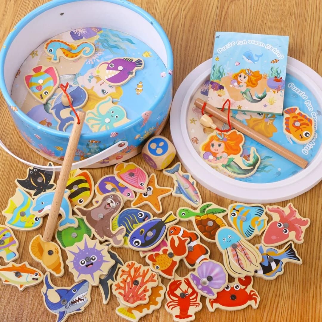 Wooden Magnetic Fishing Game for Kids - Montessori Educational Learning Toy for Motor Skills Development Jigsaw Puzzles Board l Toys for Kids Boys Girls